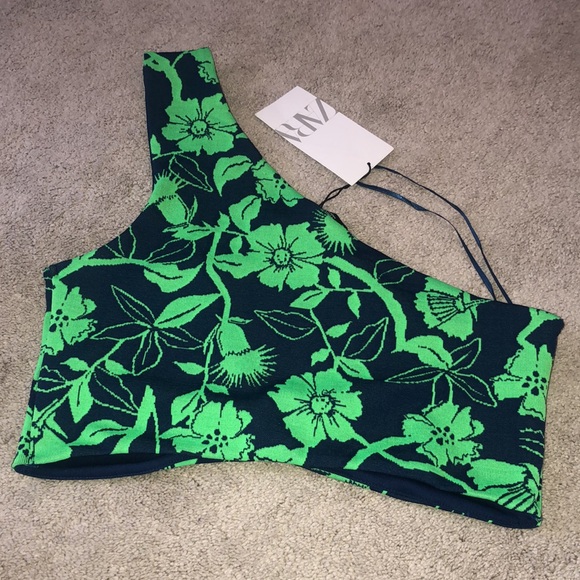 ZARA Blue Green‎ Floral One Shoulder Asymmetric  Crop Top Women’s Large NWT - Picture 2 of 12